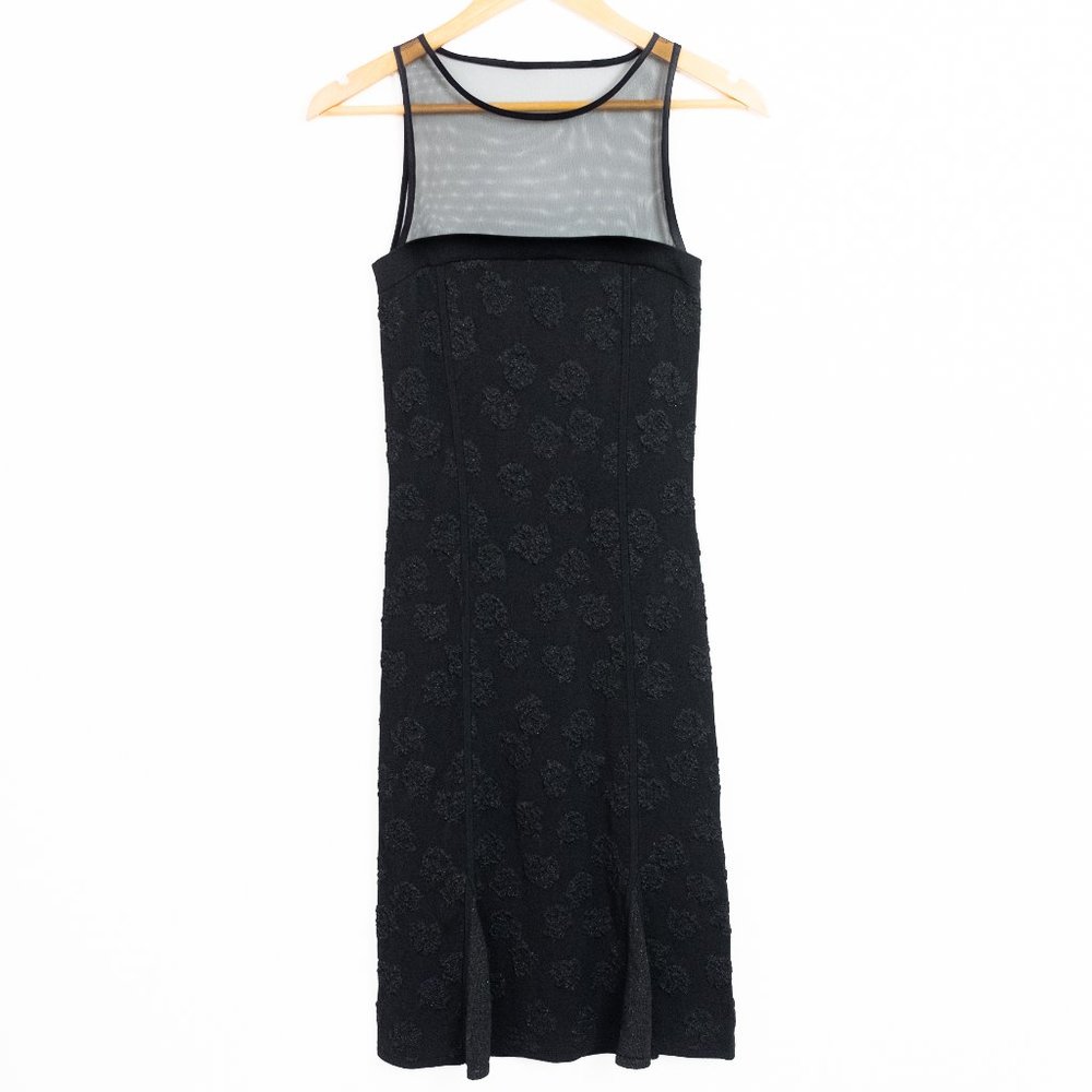 Prabal Gurung Bodycon Black Floral Textured Midi Dress with Mesh Detail
